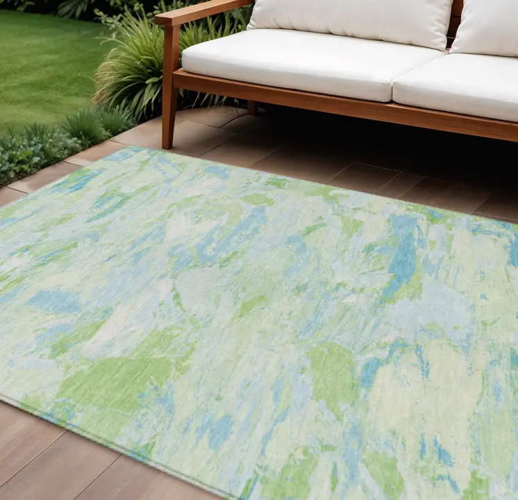 10' X 14' Mint Green And Blue Abstract Washable Indoor Outdoor Area Rug
