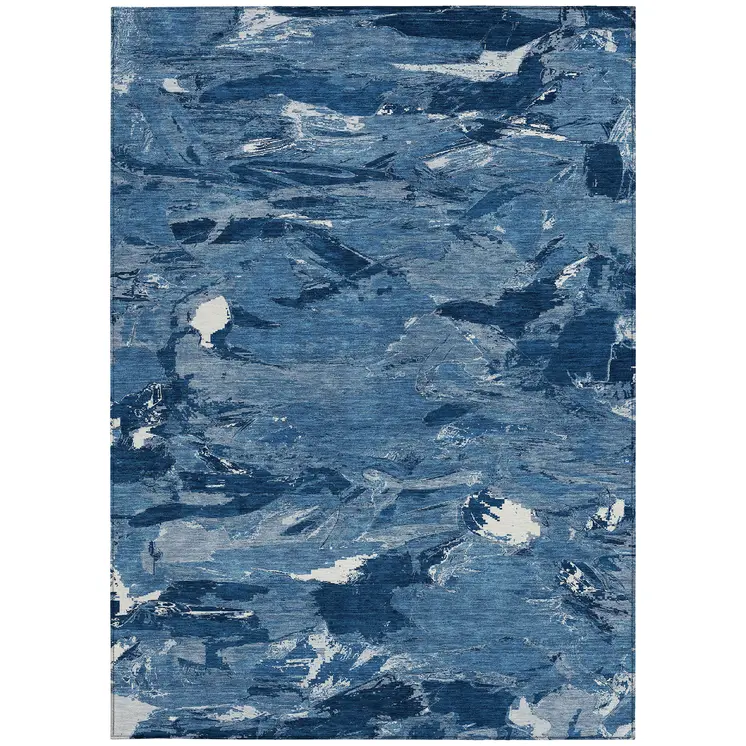 3' X 5' Navy Blue And Blue Abstract Washable Indoor Outdoor Area Rug