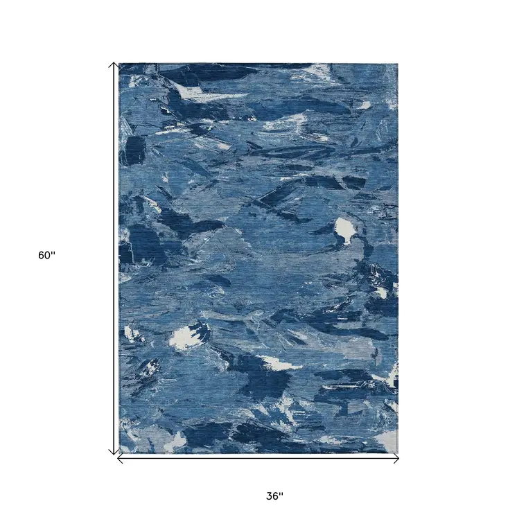 3' X 5' Navy Blue And Blue Abstract Washable Indoor Outdoor Area Rug