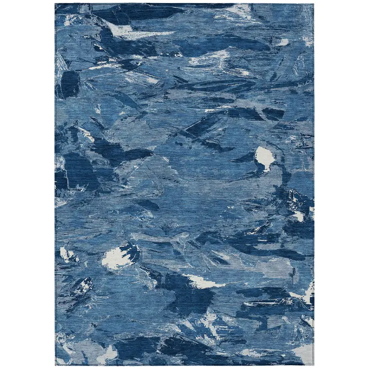 3' X 5' Navy Blue And Blue Abstract Washable Indoor Outdoor Area Rug