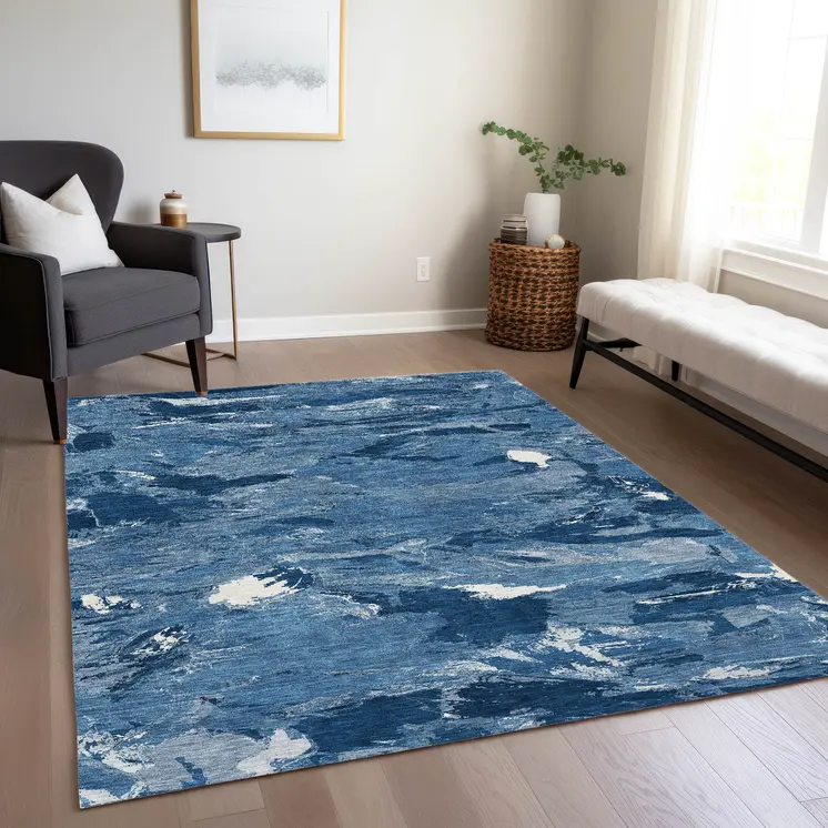 3' X 5' Navy Blue And Blue Abstract Washable Indoor Outdoor Area Rug