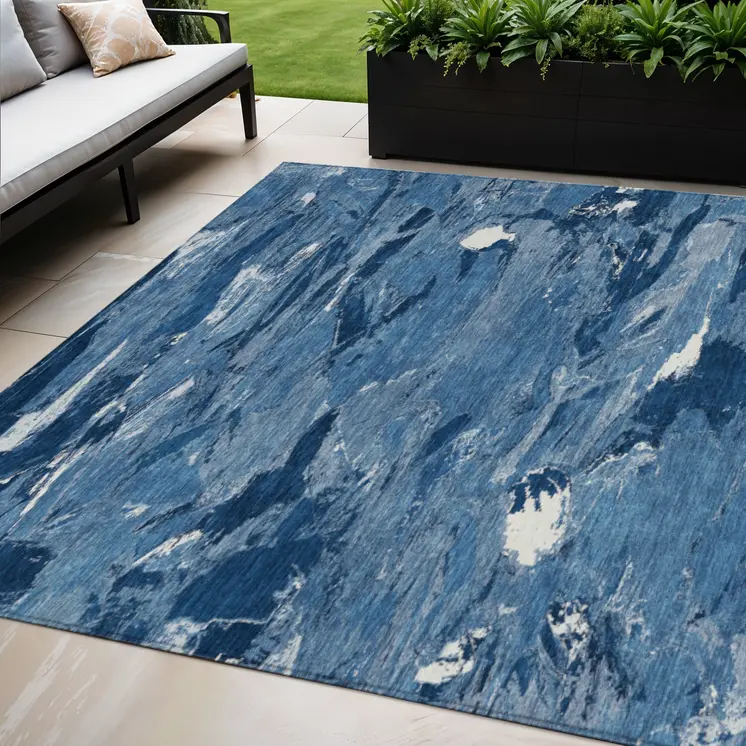 5' X 8' Navy Blue And Blue Abstract Washable Indoor Outdoor Area Rug
