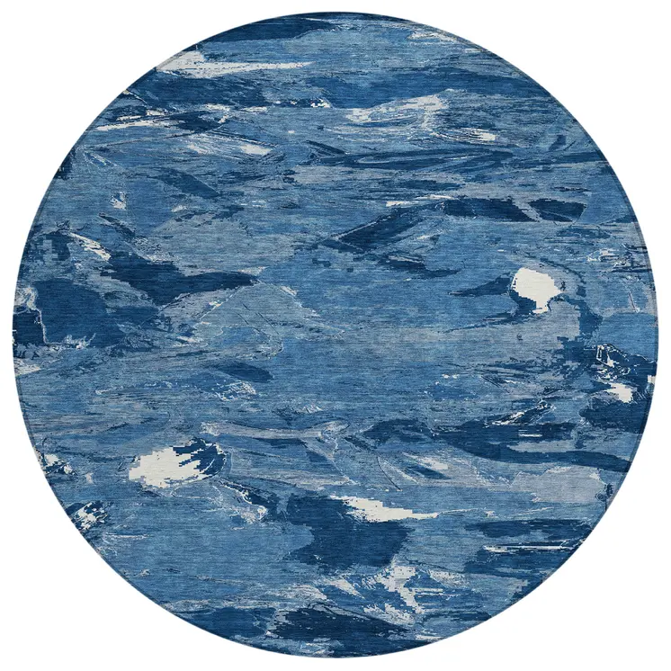 8' Navy Blue And Blue Round Abstract Washable Indoor Outdoor Area Rug