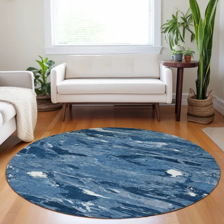 8' Navy Blue And Blue Round Abstract Washable Indoor Outdoor Area Rug