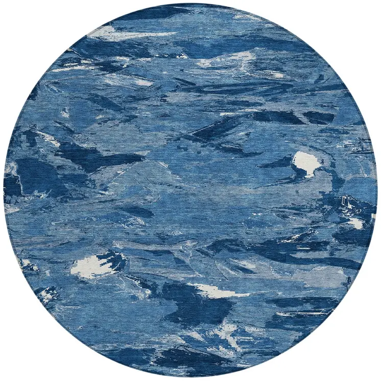 8' Navy Blue And Blue Round Abstract Washable Indoor Outdoor Area Rug