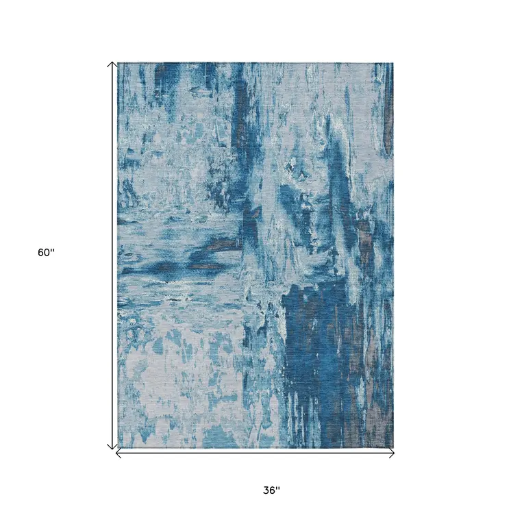 3' X 5' Denim Blue And Blue Abstract Washable Indoor Outdoor Area Rug