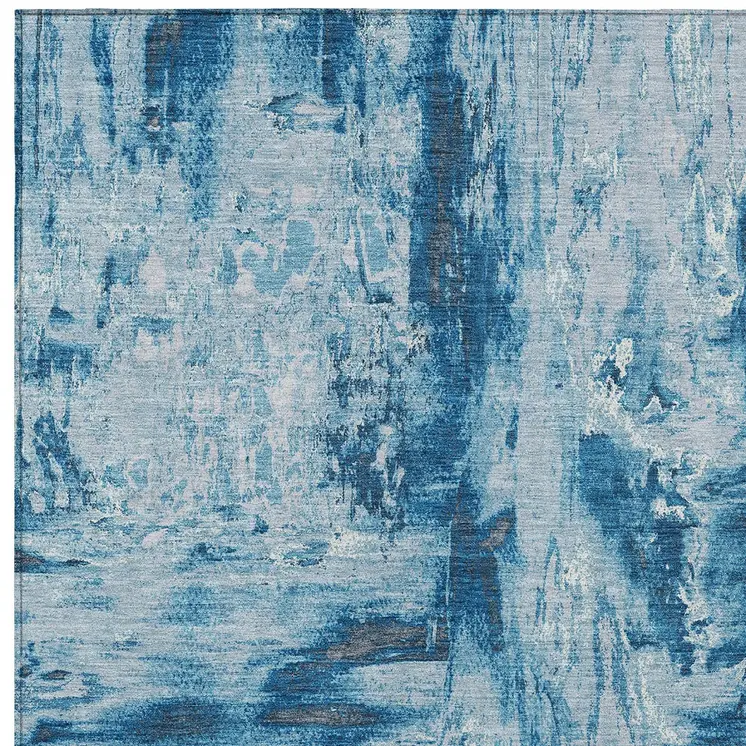 3' X 5' Denim Blue And Blue Abstract Washable Indoor Outdoor Area Rug