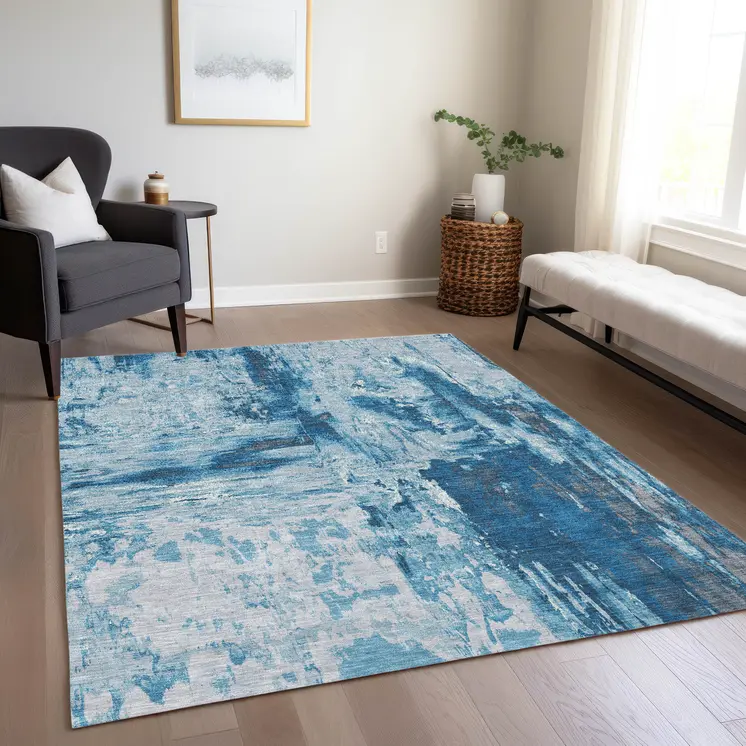 3' X 5' Denim Blue And Blue Abstract Washable Indoor Outdoor Area Rug