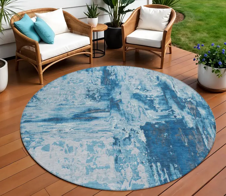 8' Denim Blue And Blue Round Abstract Washable Indoor Outdoor Area Rug