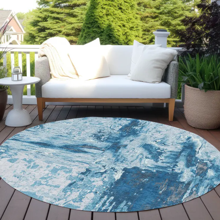 8' Denim Blue And Blue Round Abstract Washable Indoor Outdoor Area Rug