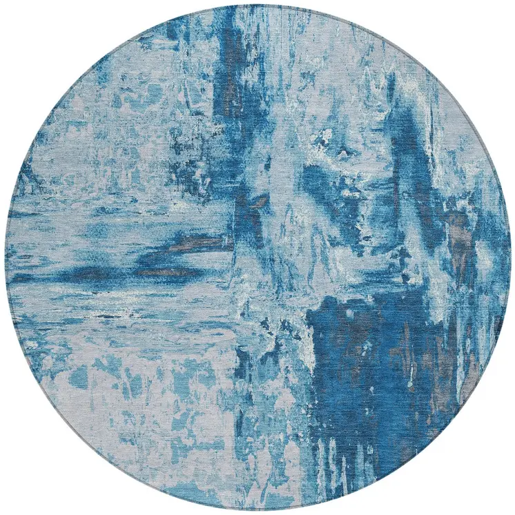 8' Denim Blue And Blue Round Abstract Washable Indoor Outdoor Area Rug