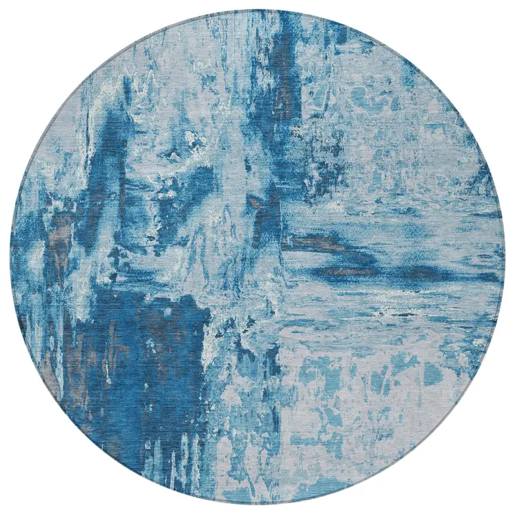 8' Denim Blue And Blue Round Abstract Washable Indoor Outdoor Area Rug