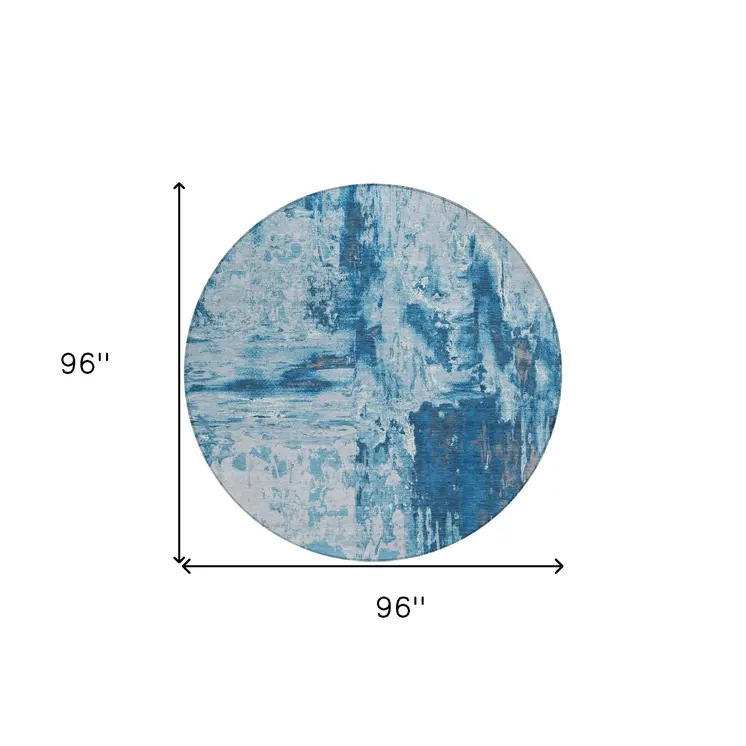 8' Denim Blue And Blue Round Abstract Washable Indoor Outdoor Area Rug