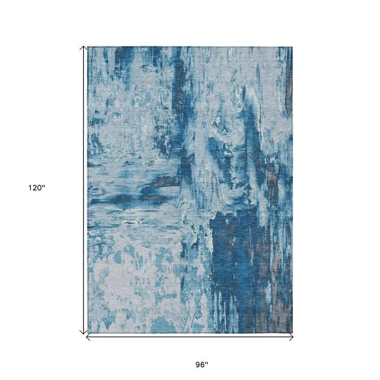 8' X 10' Denim Blue And Blue Abstract Washable Indoor Outdoor Area Rug
