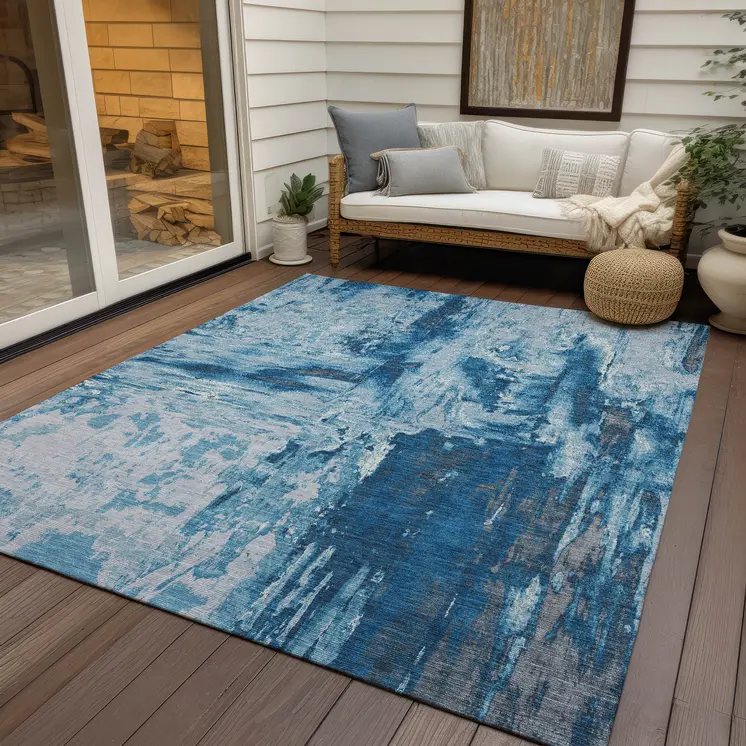 8' X 10' Denim Blue And Blue Abstract Washable Indoor Outdoor Area Rug