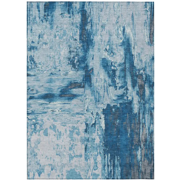 8' X 10' Denim Blue And Blue Abstract Washable Indoor Outdoor Area Rug