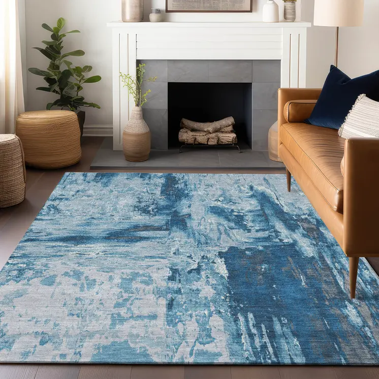 8' X 10' Denim Blue And Blue Abstract Washable Indoor Outdoor Area Rug