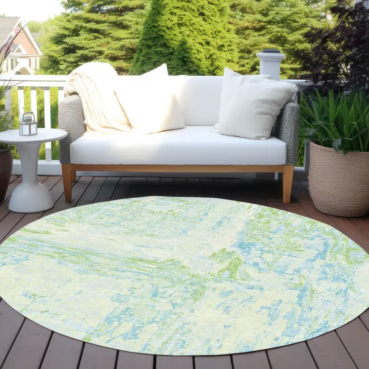 8' Mint Green And Blue Round Abstract Washable Indoor Outdoor Area Rug