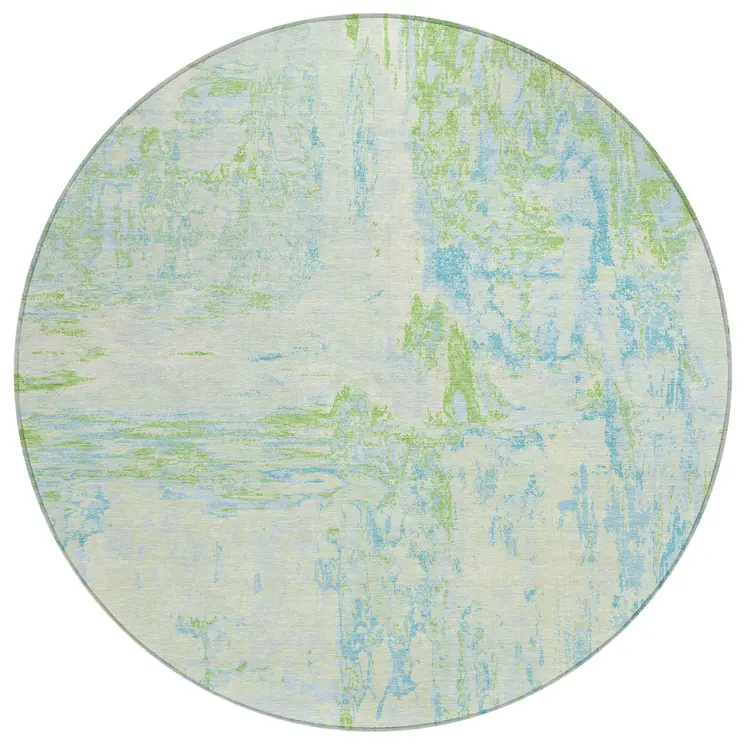 8' Mint Green And Blue Round Abstract Washable Indoor Outdoor Area Rug