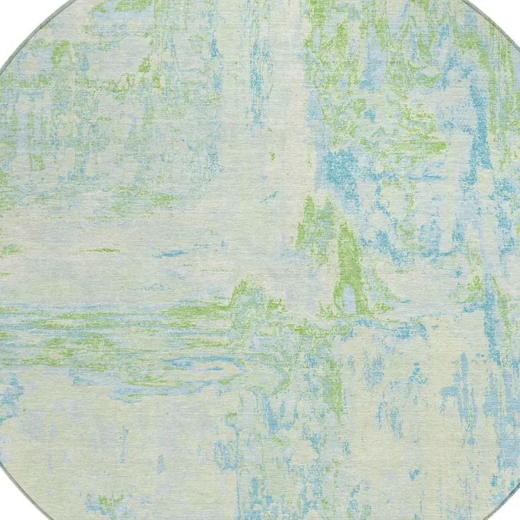 8' Mint Green And Blue Round Abstract Washable Indoor Outdoor Area Rug