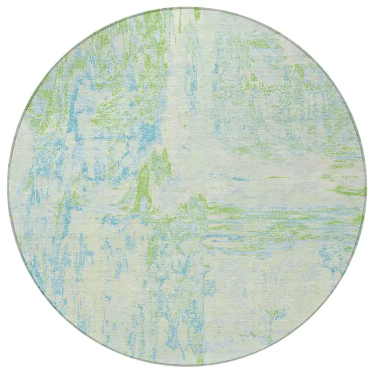 8' Mint Green And Blue Round Abstract Washable Indoor Outdoor Area Rug