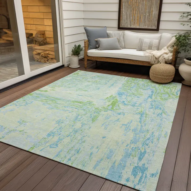 8' X 10' Mint Green And Blue Abstract Washable Indoor Outdoor Area Rug