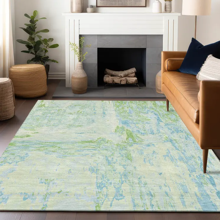 8' X 10' Mint Green And Blue Abstract Washable Indoor Outdoor Area Rug