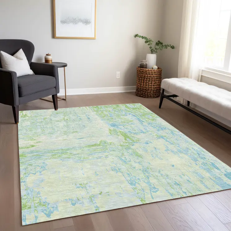 8' X 10' Mint Green And Blue Abstract Washable Indoor Outdoor Area Rug