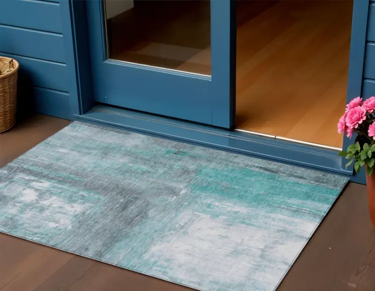 3' X 5' Teal Blue And Denim Blue Abstract Washable Indoor Outdoor Area Rug