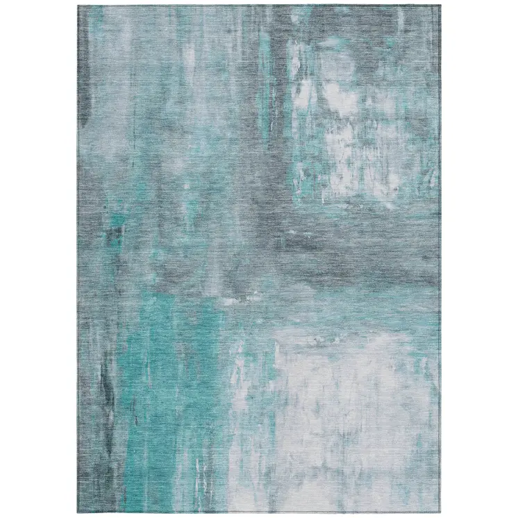 5' X 8' Teal Blue And Denim Blue Abstract Washable Indoor Outdoor Area Rug