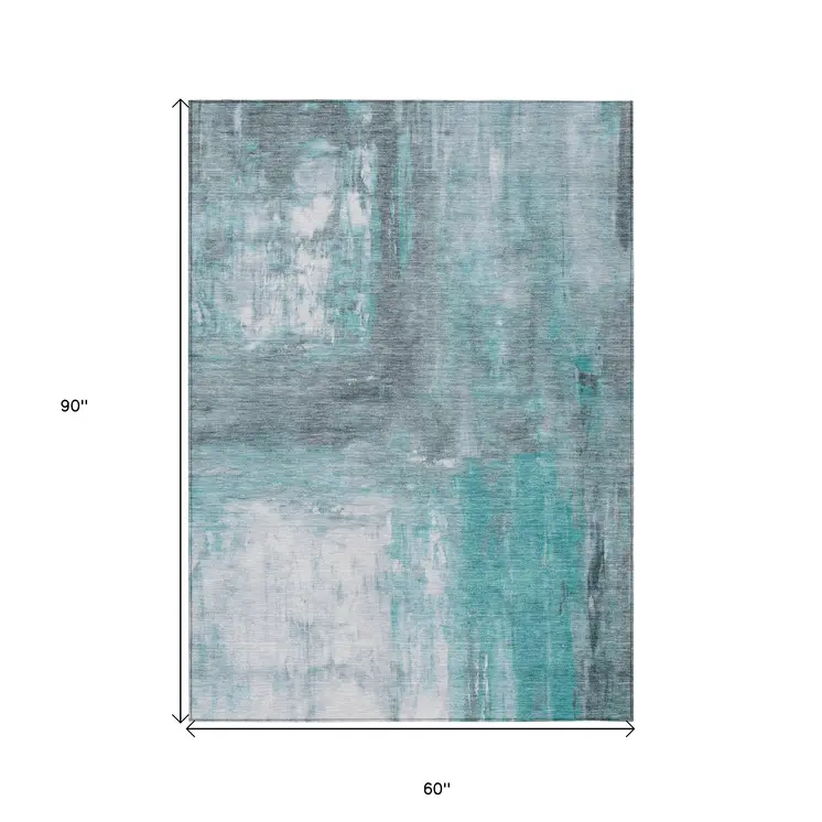 5' X 8' Teal Blue And Denim Blue Abstract Washable Indoor Outdoor Area Rug