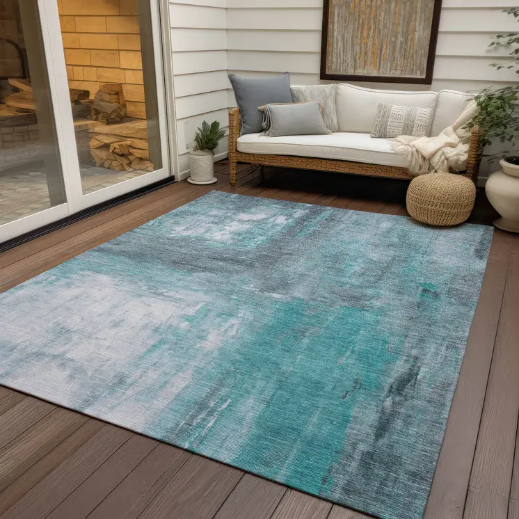 5' X 8' Teal Blue And Denim Blue Abstract Washable Indoor Outdoor Area Rug
