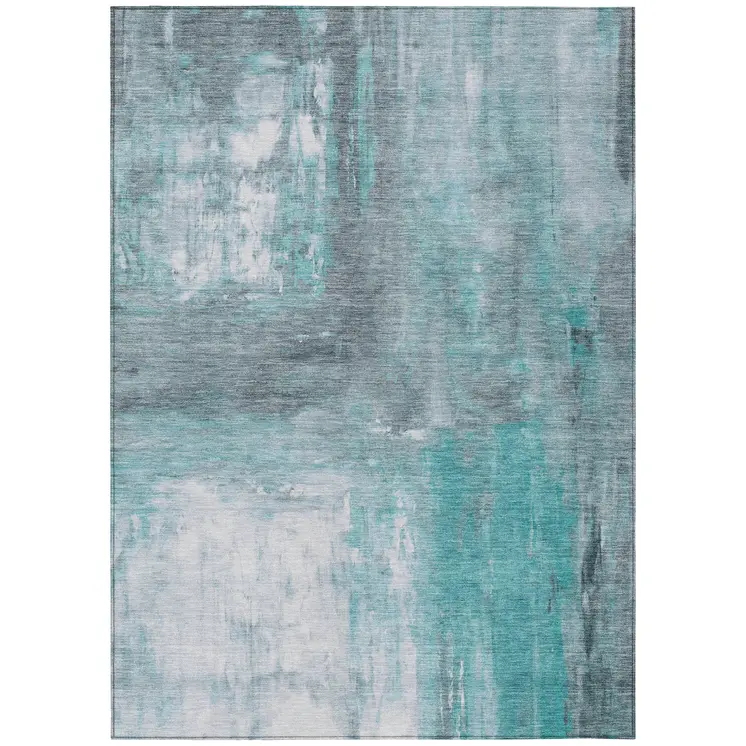 5' X 8' Teal Blue And Denim Blue Abstract Washable Indoor Outdoor Area Rug