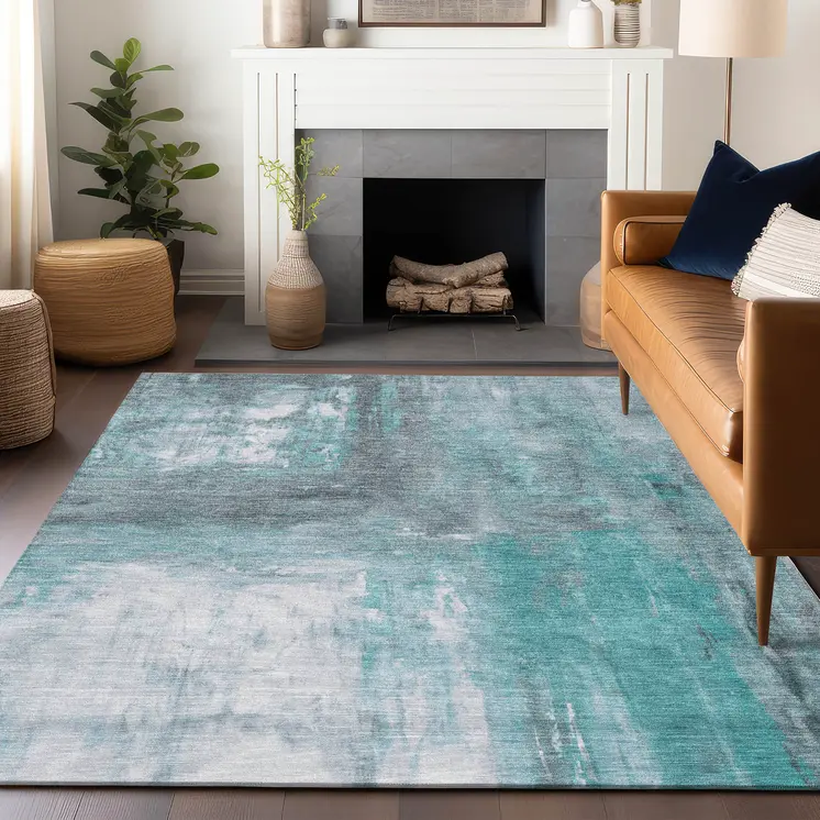 5' X 8' Teal Blue And Denim Blue Abstract Washable Indoor Outdoor Area Rug