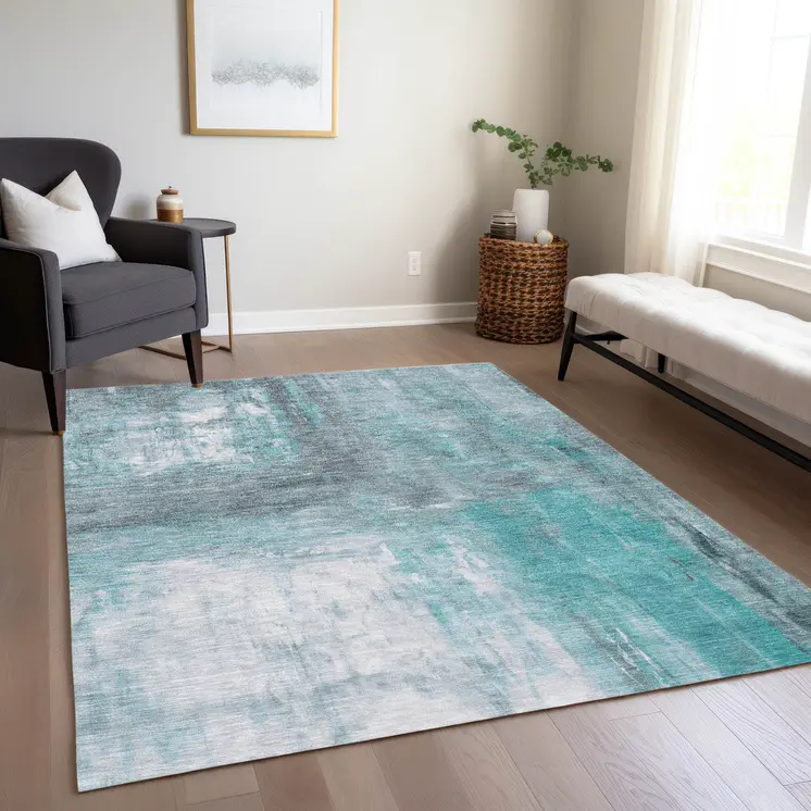 5' X 8' Teal Blue And Denim Blue Abstract Washable Indoor Outdoor Area Rug