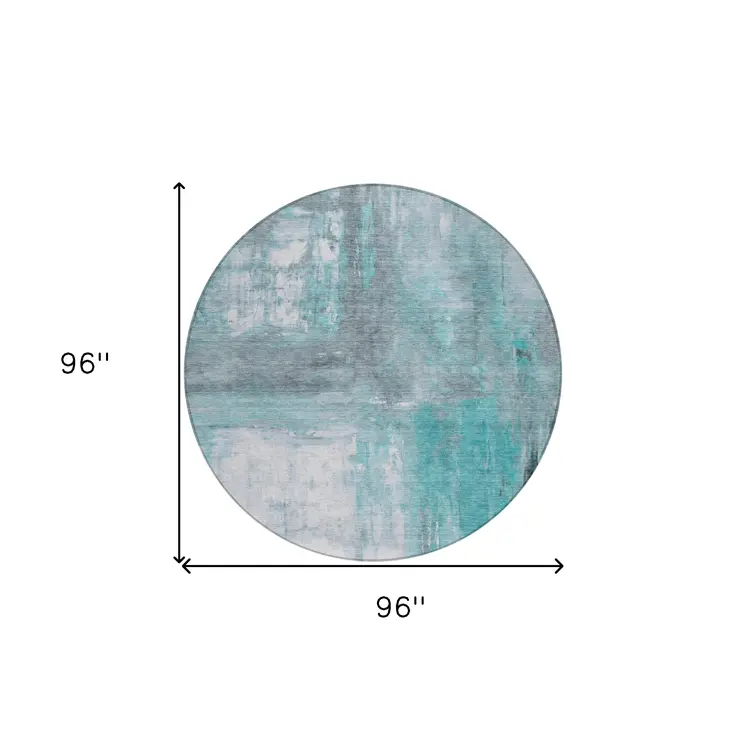 8' Teal Blue And Denim Blue Round Abstract Washable Indoor Outdoor Area Rug