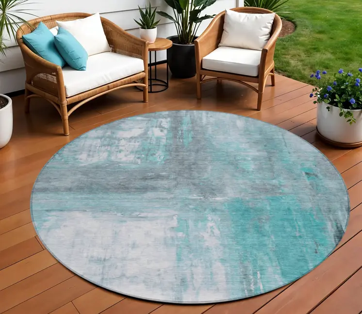 8' Teal Blue And Denim Blue Round Abstract Washable Indoor Outdoor Area Rug