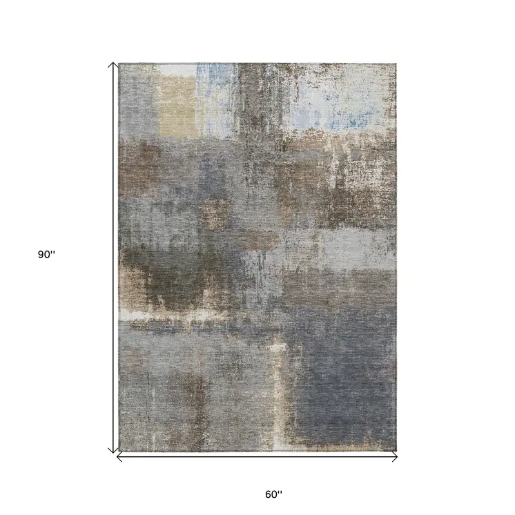 5' X 8' Khaki And Brown Abstract Washable Indoor Outdoor Area Rug