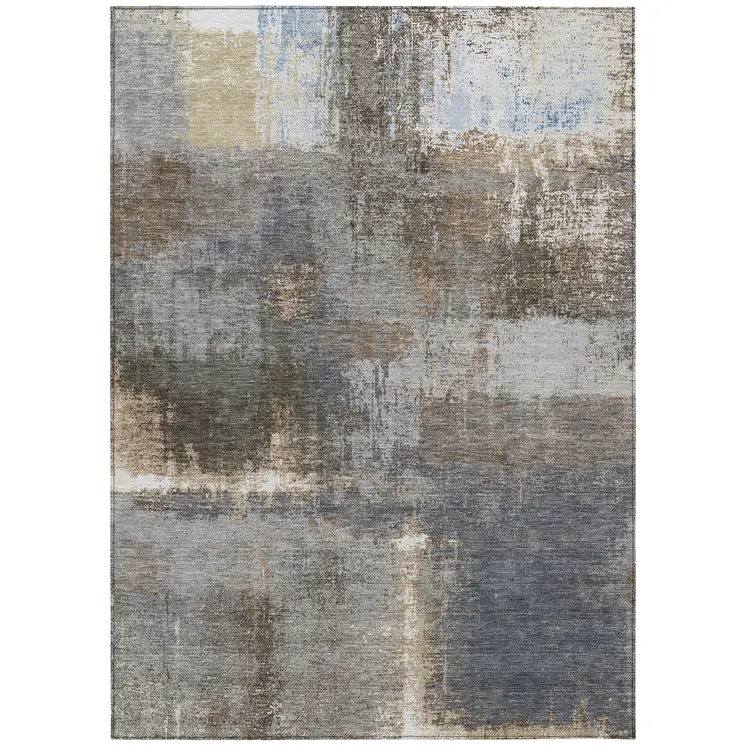 5' X 8' Khaki And Brown Abstract Washable Indoor Outdoor Area Rug