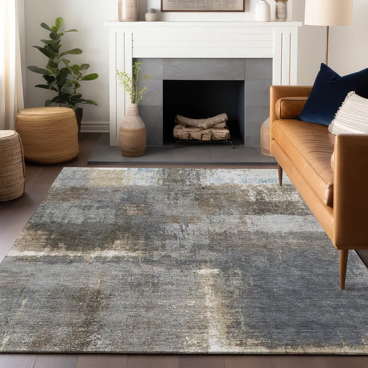 5' X 8' Khaki And Brown Abstract Washable Indoor Outdoor Area Rug