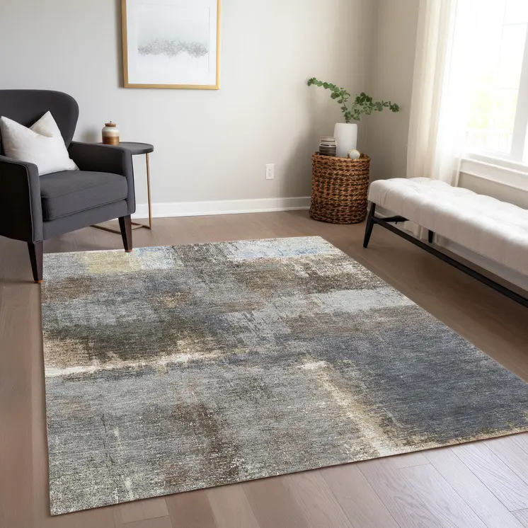5' X 8' Khaki And Brown Abstract Washable Indoor Outdoor Area Rug