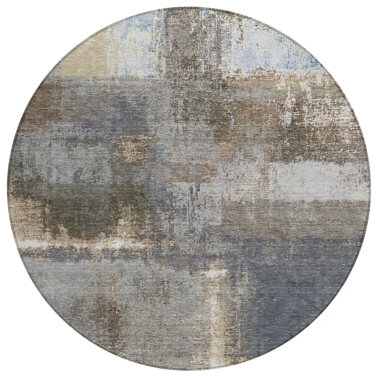 8' Khaki And Brown Round Abstract Washable Indoor Outdoor Area Rug