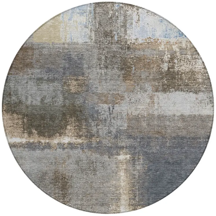 8' Khaki And Brown Round Abstract Washable Indoor Outdoor Area Rug