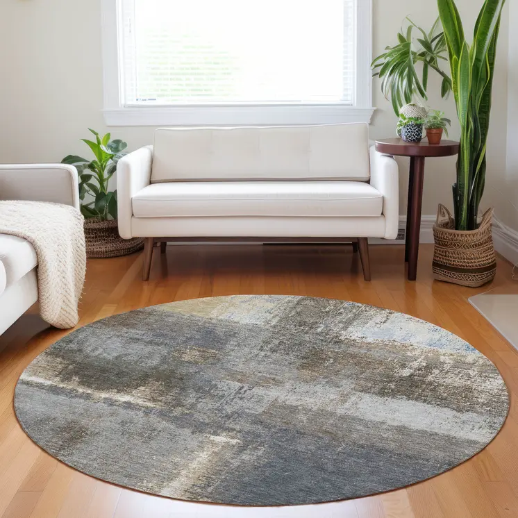 8' Khaki And Brown Round Abstract Washable Indoor Outdoor Area Rug