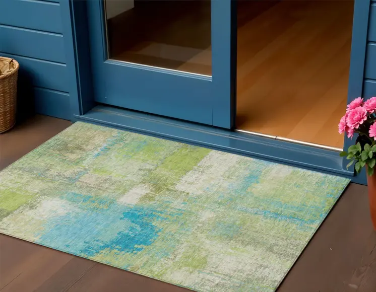3' X 5' Lime Green And Sky Blue Abstract Washable Indoor Outdoor Area Rug