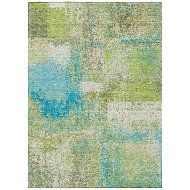 3' X 5' Lime Green And Sky Blue Abstract Washable Indoor Outdoor Area Rug