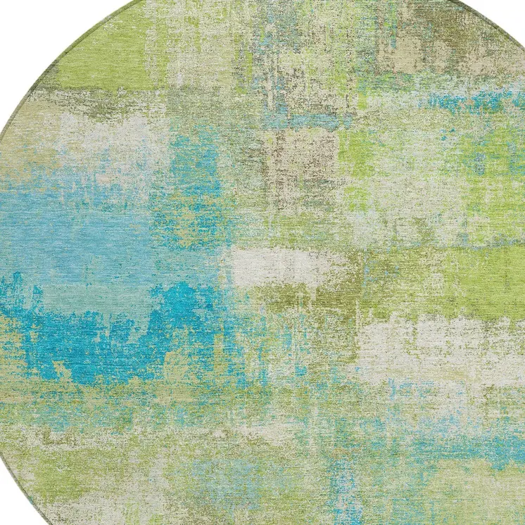 8' Lime Green And Sky Blue Round Abstract Washable Indoor Outdoor Area Rug