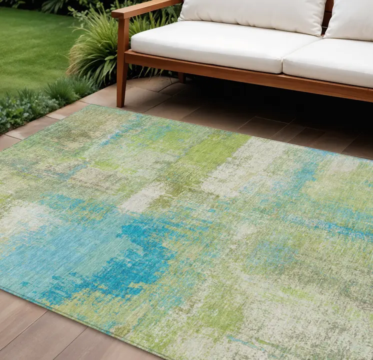 8' X 10' Lime Green And Sky Blue Abstract Washable Indoor Outdoor Area Rug