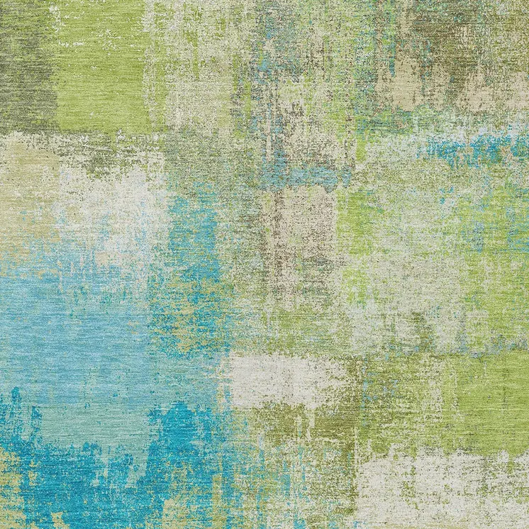 8' X 10' Lime Green And Sky Blue Abstract Washable Indoor Outdoor Area Rug