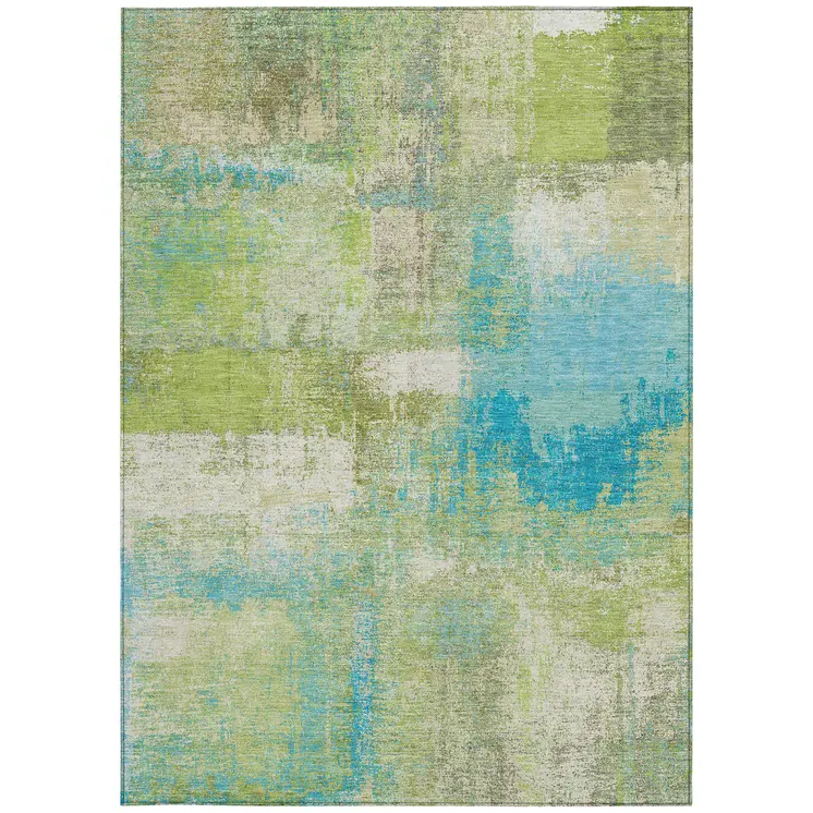 9' X 12' Lime Green And Sky Blue Abstract Washable Indoor Outdoor Area Rug
